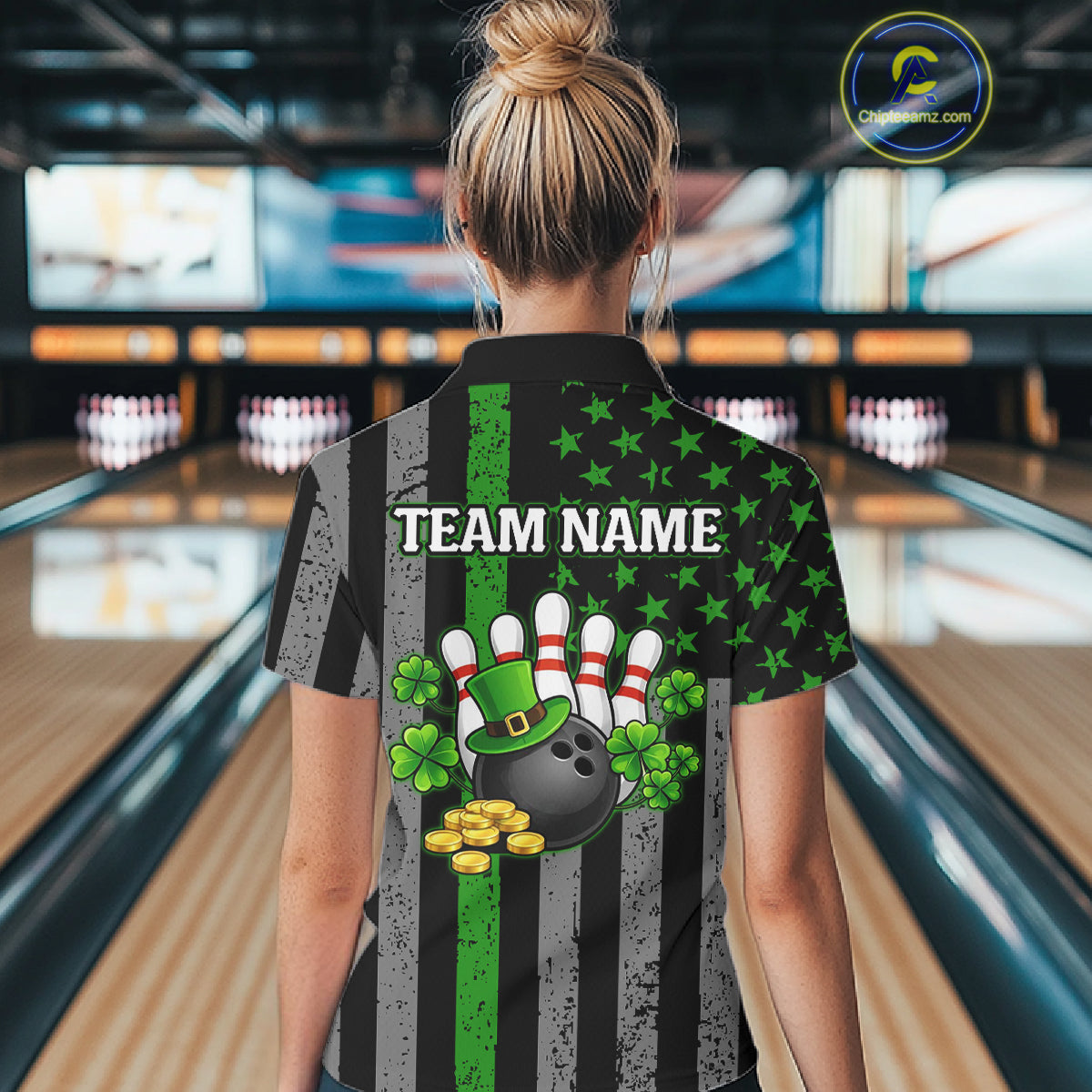 Custom Black Grunge US Flag Patriotic Bowling Shirt For Women Green Shamrock St Patrick Team Jersey NQS11447