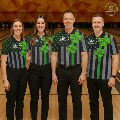 Custom Black Grunge US Flag Patriotic Bowling Shirt For Women Green Shamrock St Patrick Team Jersey NQS11447