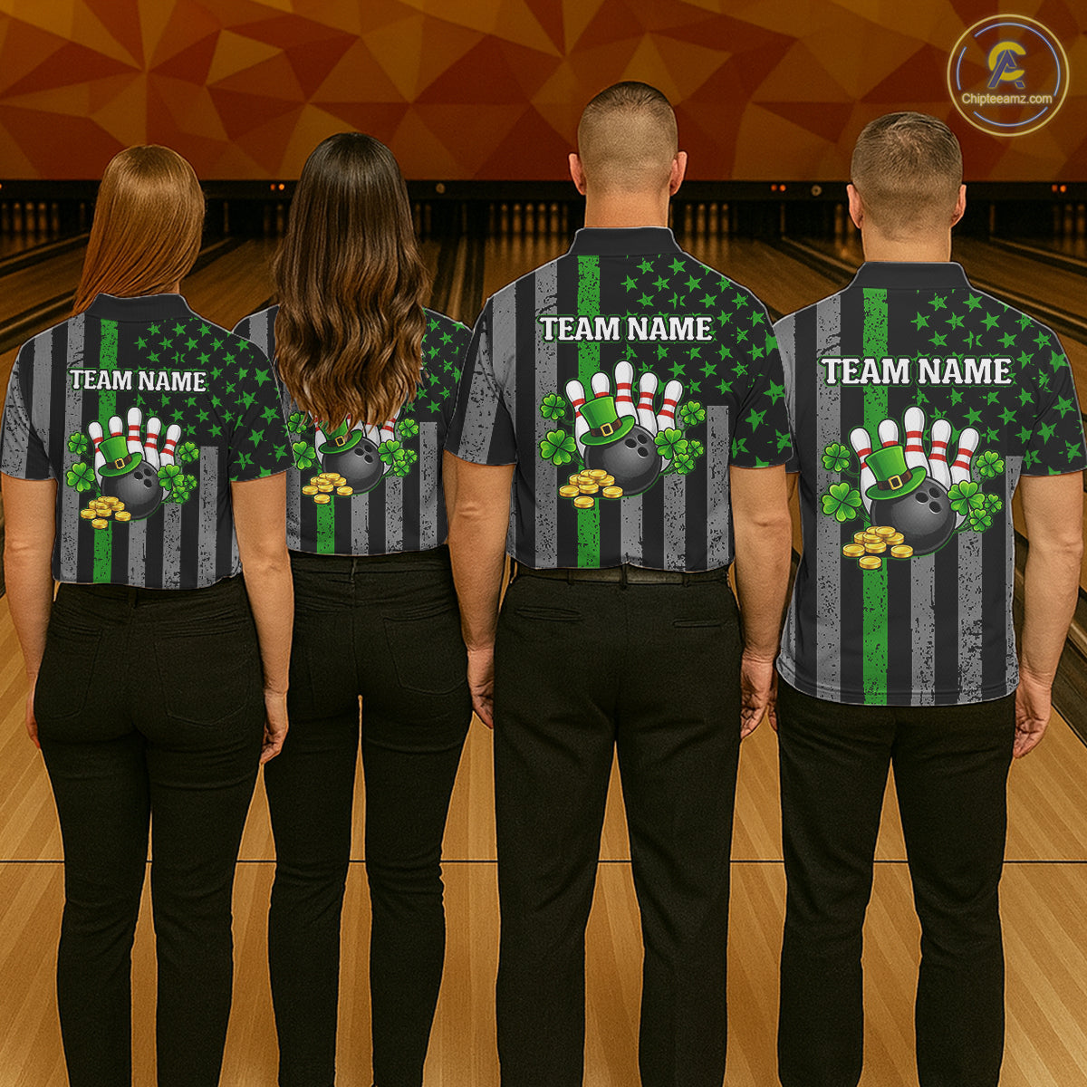 Custom Black Grunge US Flag Patriotic Bowling Shirt For Women Green Shamrock St Patrick Team Jersey NQS11447