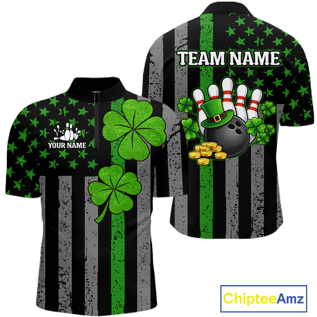 Custom Black Grunge US Flag Patriotic Bowling Shirt For Men Green Shamrock St Patrick Team Jersey NQS11447