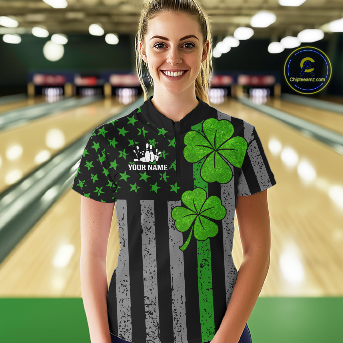 Custom Black Grunge US Flag Patriotic Bowling Shirt For Women Green Shamrock St Patrick Team Jersey NQS11447