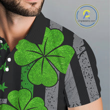 Load image into Gallery viewer, Custom Black Grunge US Flag Patriotic Golf Polo shirts for Men Green Shamrock St Patrick Team Jersey NQS11448