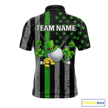 Load image into Gallery viewer, Custom Black Grunge US Flag Patriotic Golf Polo shirts for Men Green Shamrock St Patrick Team Jersey NQS11448