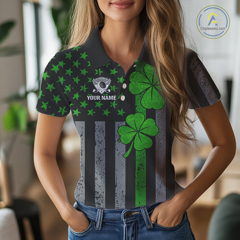 Custom Black Grunge US Flag Patriotic Golf Polo shirt for Women Green Shamrock St Patrick Team Jersey NQS11448