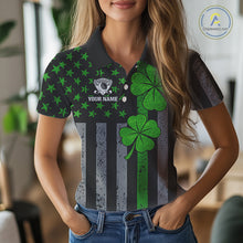 Load image into Gallery viewer, Custom Black Grunge US Flag Patriotic Golf Polo shirt for Women Green Shamrock St Patrick Team Jersey NQS11448