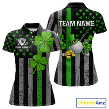 Load image into Gallery viewer, Custom Black Grunge US Flag Patriotic Golf Polo shirt for Women Green Shamrock St Patrick Team Jersey NQS11448