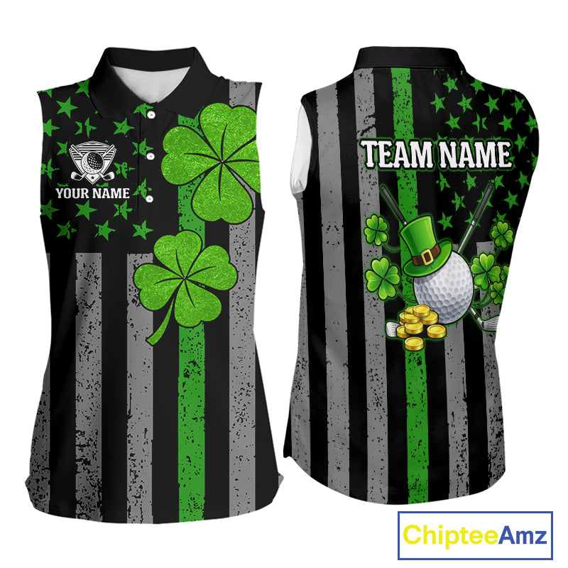 Custom Black Grunge US Flag Patriotic Sleeveless Polo shirts Green Shamrock St Patrick Golf Jersey NQS11448