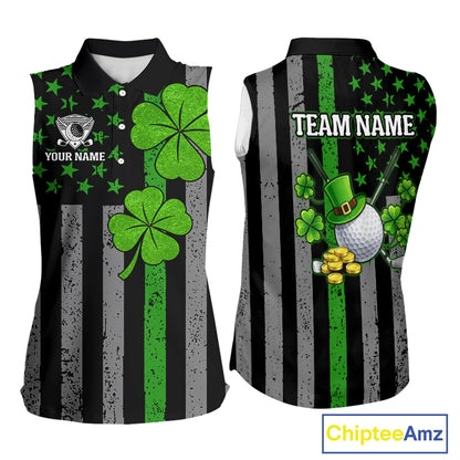 Custom Black Grunge US Flag Patriotic Sleeveless Polo shirts Green Shamrock St Patrick Golf Jersey NQS11448