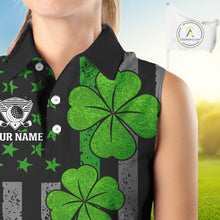 Load image into Gallery viewer, Custom Black Grunge US Flag Patriotic Sleeveless Polo shirts Green Shamrock St Patrick Golf Jersey NQS11448