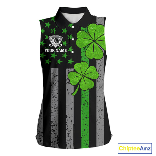 Custom Black Grunge US Flag Patriotic Sleeveless Polo shirts Green Shamrock St Patrick Golf Jersey NQS11448