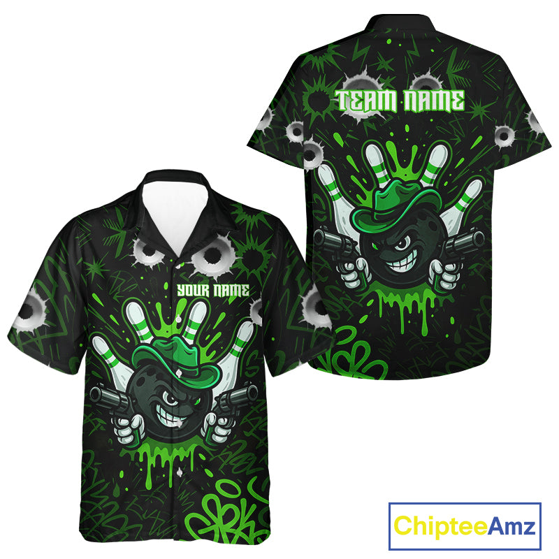 Funny Black and Green Bowling Cowboy gun Bowling Hawaiian Shirt Custom bowling team button up shirt NQS10658