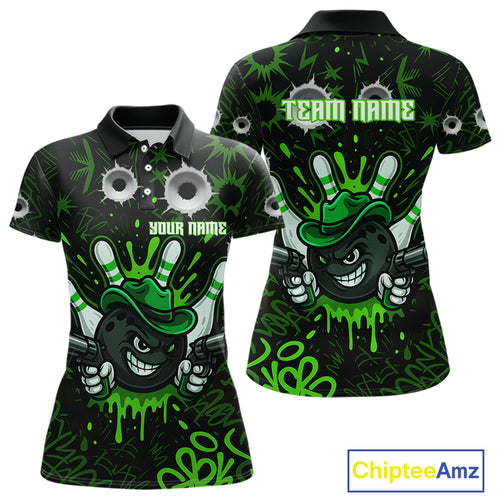 Funny Black and Green Bowling Cowboy gun Women bowling polo, 1/4 zip shirt Custom bowling team jersey NQS10658