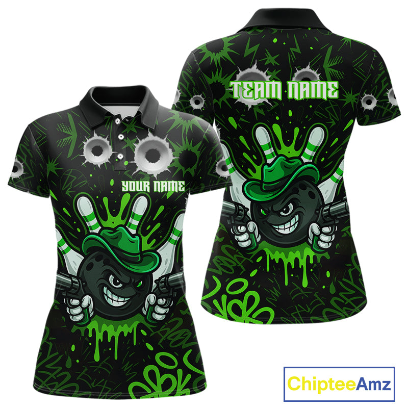 Funny Black and Green Bowling Cowboy gun Women bowling polo, 1/4 zip shirt Custom bowling team jersey NQS10658