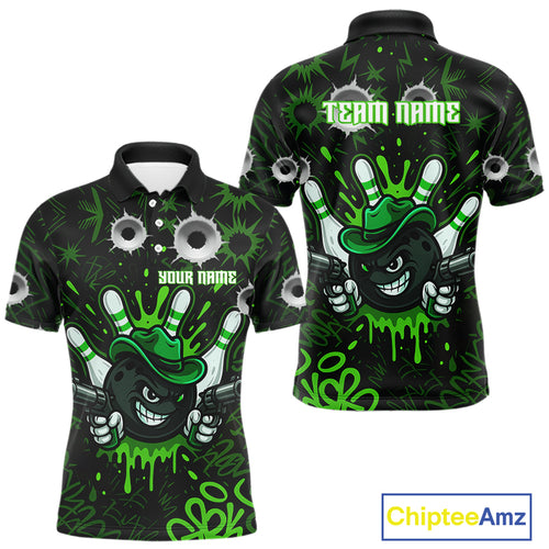 Funny Black and Green Bowling Cowboy gun Men bowling polo, 1/4 zip shirts Custom bowling team jersey NQS10658