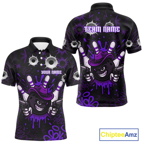 Funny Black and Purple Bowling Cowboy gun Men bowling polo, 1/4 zip shirts Custom bowling team jersey NQS10659