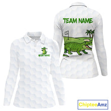 Load image into Gallery viewer, White and Green Funny Alligator Golf Polo Shirts For Women custom ladies golf outfit, golfing gifts NQS10886