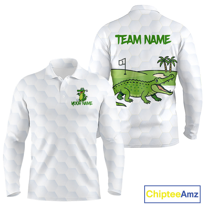 White and Green Funny Alligator Golf Polo Shirts For Men custom mens golf outfit, golfing gifts NQS10886