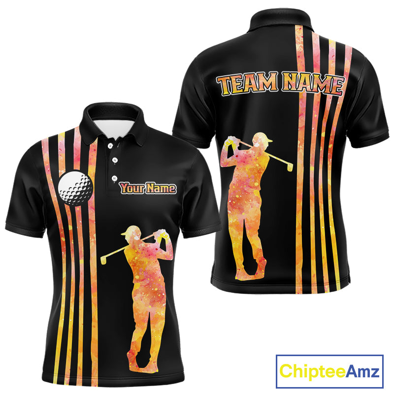 Personalized Watercolor Stripes Golf Polo Shirts For Men, Black Team Mens Golf Attire NQS11651