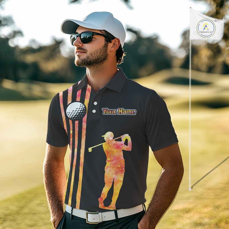 Personalized Watercolor Stripes Golf Polo Shirts For Men, Black Team Mens Golf Attire NQS11651