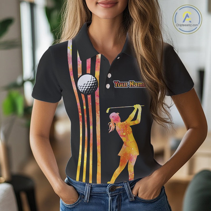 Personalized Watercolor Stripes Golf Polo Shirts For Women, Black Team Ladies Golf Attire NQS11651