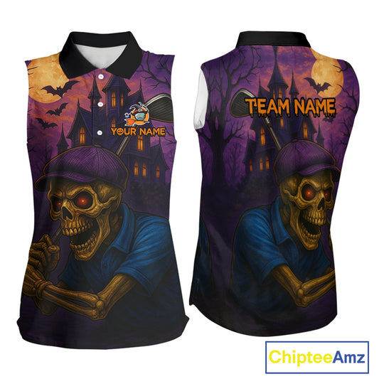 Funny Skull Halloween Sleeveless Golf Polo Shirts For Women Custom Halloween ladies golf top NQS10669