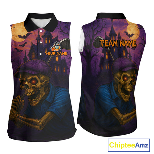 Funny Skull Halloween Sleeveless Golf Polo Shirts For Women Custom Halloween ladies golf top NQS10669