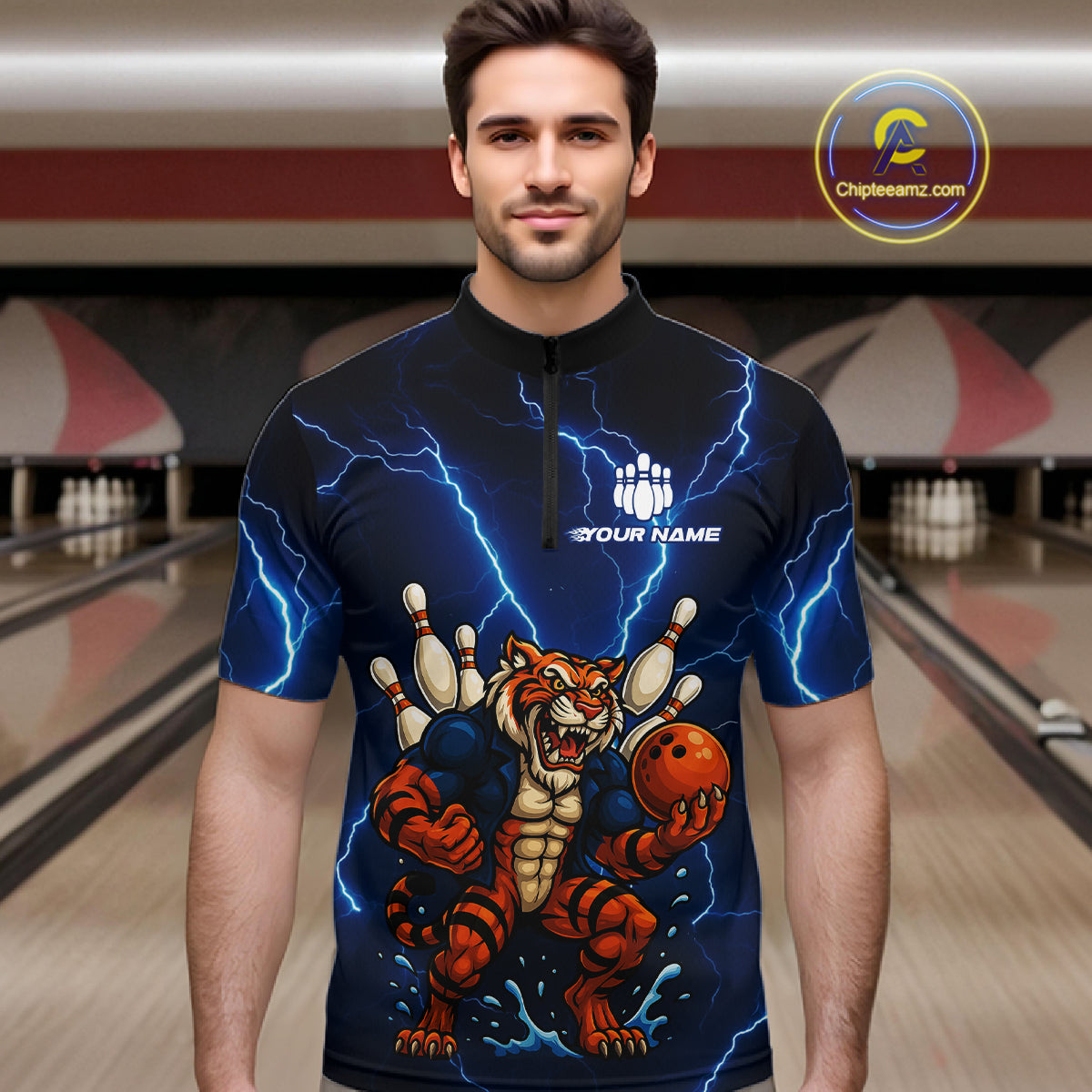 Personalized Tiger Bowling Team Shirts For Men, Blue Lightning Thunder Tiger Bowling Jerseys NQS11062