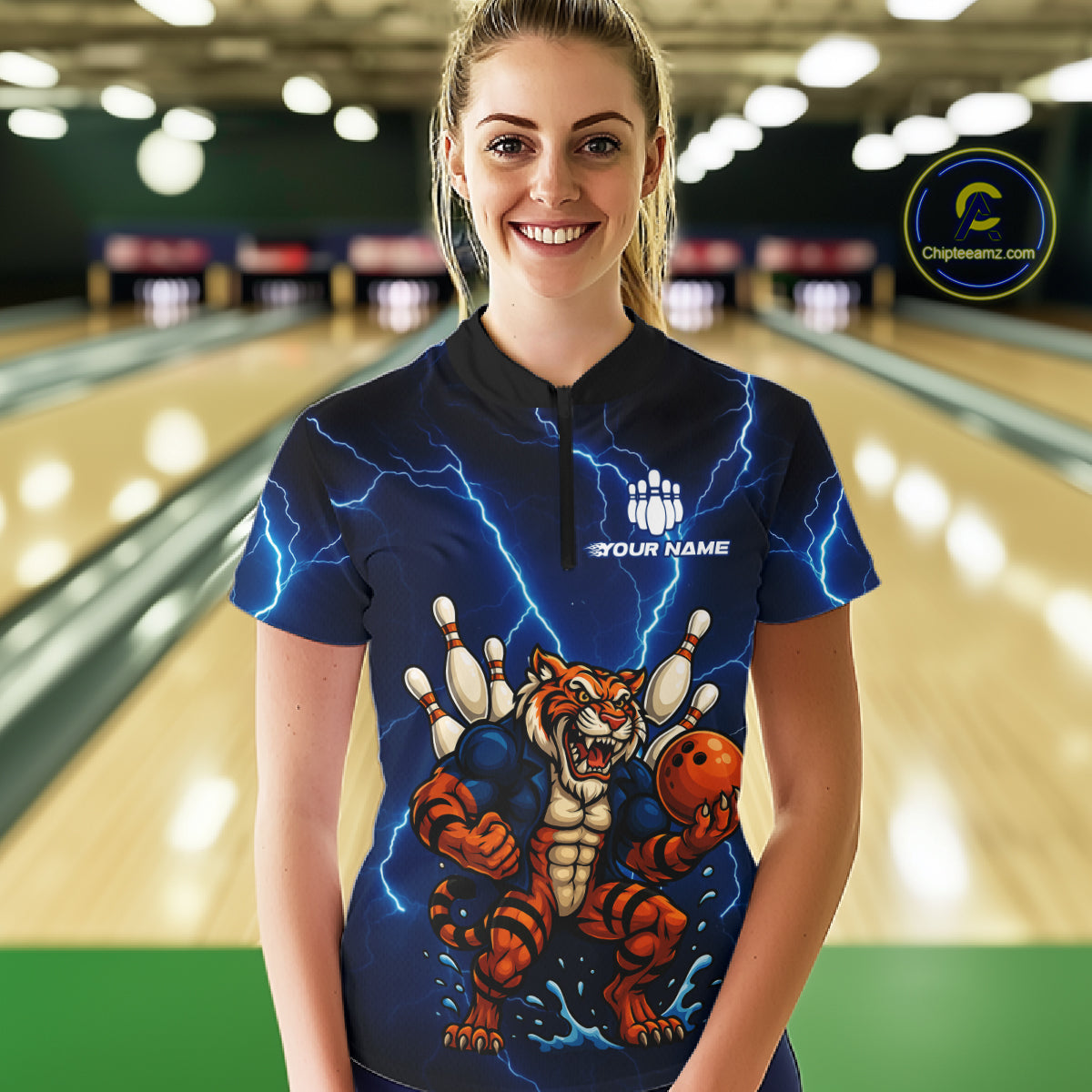 Personalized Tiger Bowling Team Shirts For Women, Blue Lightning Thunder Tiger Bowling Jerseys NQS11062
