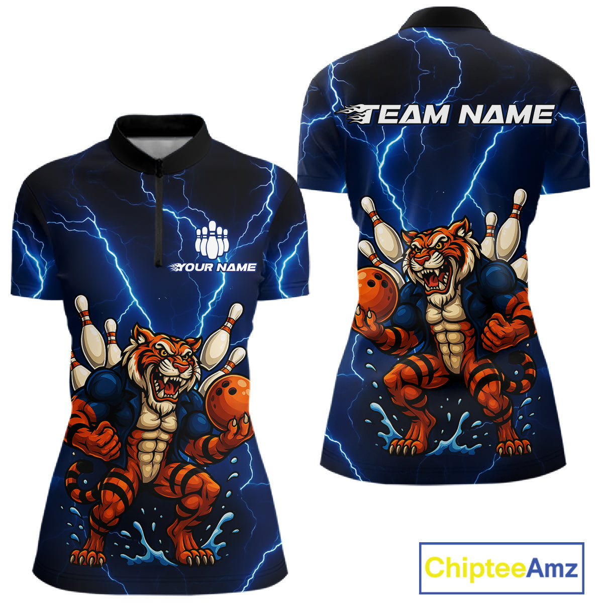 Personalized Tiger Bowling Team Shirts For Women, Blue Lightning Thunder Tiger Bowling Jerseys NQS11062