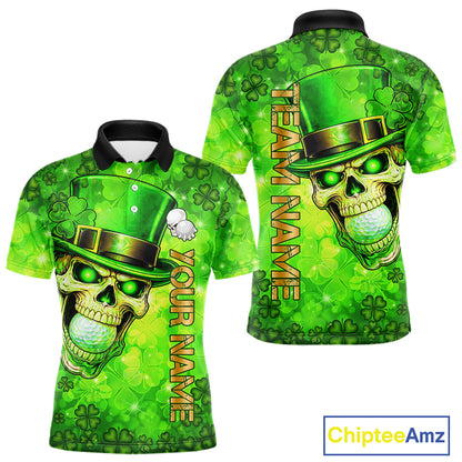 Funny Skull green shamrock pattern Golf Polo Shirts For Men Custom St Patrick's Day mens golf tops NQS11662