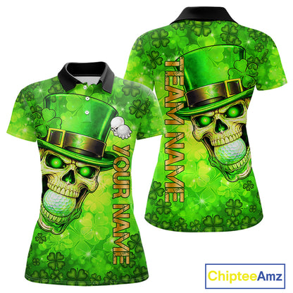 Funny Skull green shamrock pattern Golf Polo Shirts For Women Custom St Patrick's Day ladies golf top NQS11662
