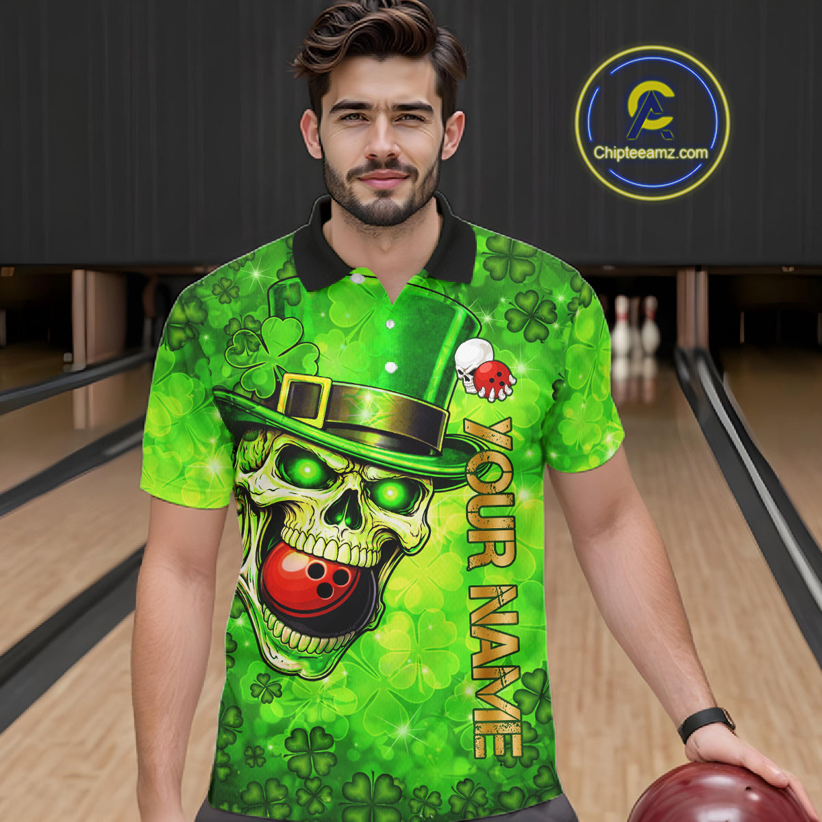 Funny Skull green shamrock pattern Bowling Shirt For Men Custom St Patrick's Day team bowling jerseys NQS11663