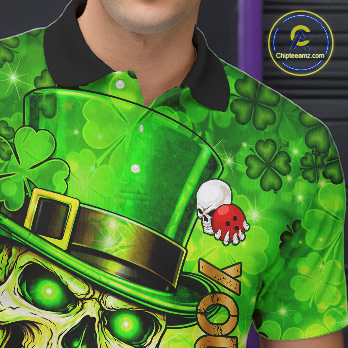 Funny Skull green shamrock pattern Bowling Shirt For Men Custom St Patrick's Day team bowling jerseys NQS11663