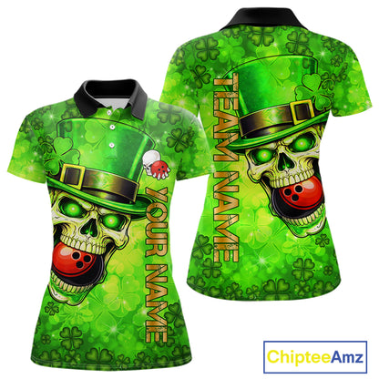 Funny Skull green shamrock pattern Bowling Shirt For Women Custom St Patrick Day team bowling jerseys NQS11663