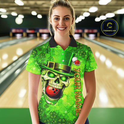 Funny Skull green shamrock pattern Bowling Shirt For Women Custom St Patrick Day team bowling jerseys NQS11663