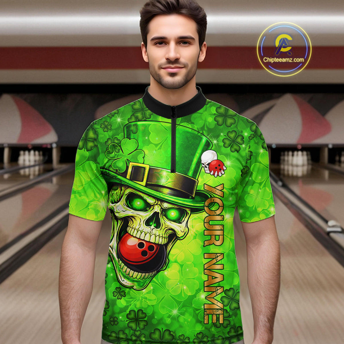Funny Skull green shamrock pattern Bowling Shirt For Men Custom St Patrick's Day team bowling jerseys NQS11663