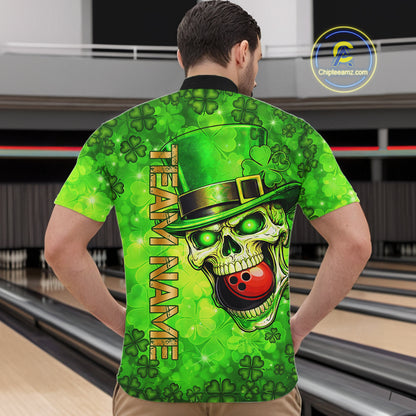Funny Skull green shamrock pattern Bowling Shirt For Men Custom St Patrick's Day team bowling jerseys NQS11663