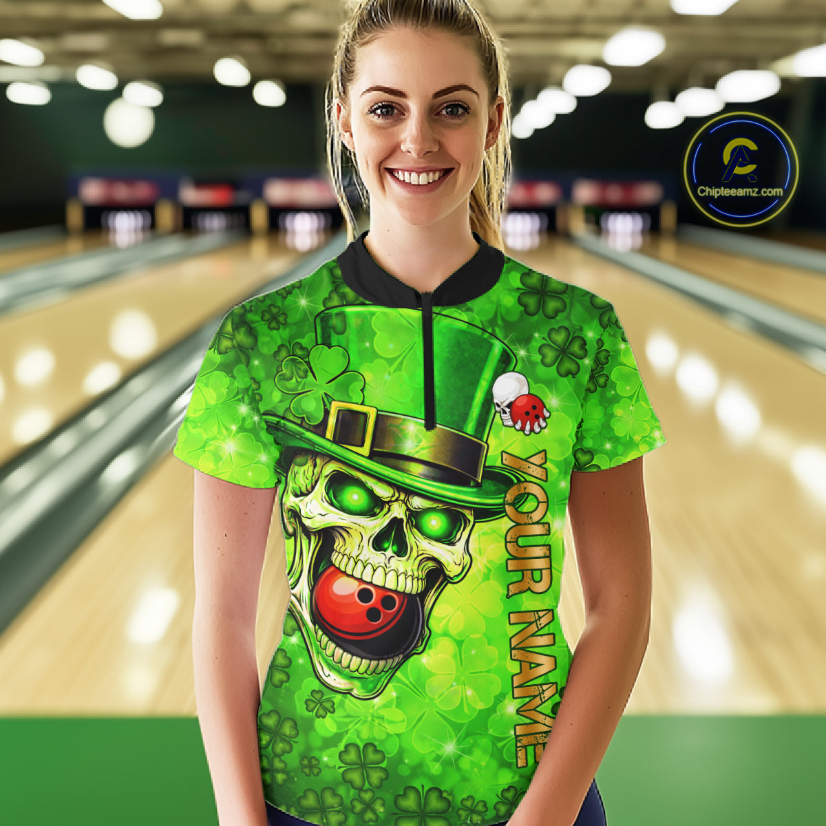 Funny Skull green shamrock pattern Bowling Shirt For Women Custom St Patrick Day team bowling jerseys NQS11663