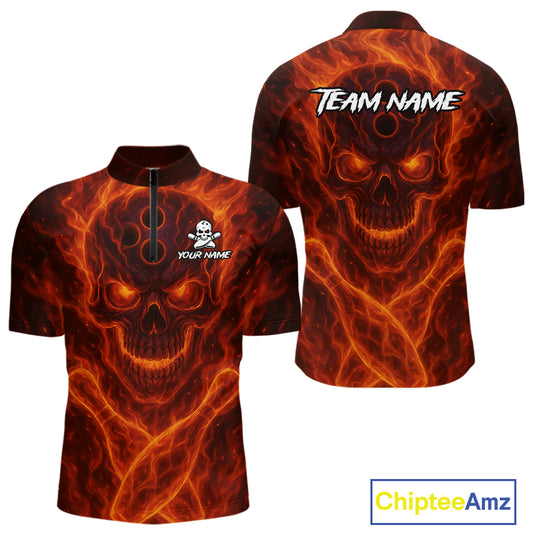 Custom Flame Skull Bowling Polo, Quarter Zip Shirt For Men, Skull Team Bowling League Jerseys NQS10676