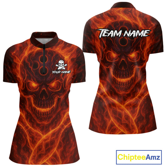 Custom Flame Skull Bowling Polo, Quarter Zip Shirt For Women, Skull Team Bowling League Jerseys NQS10676