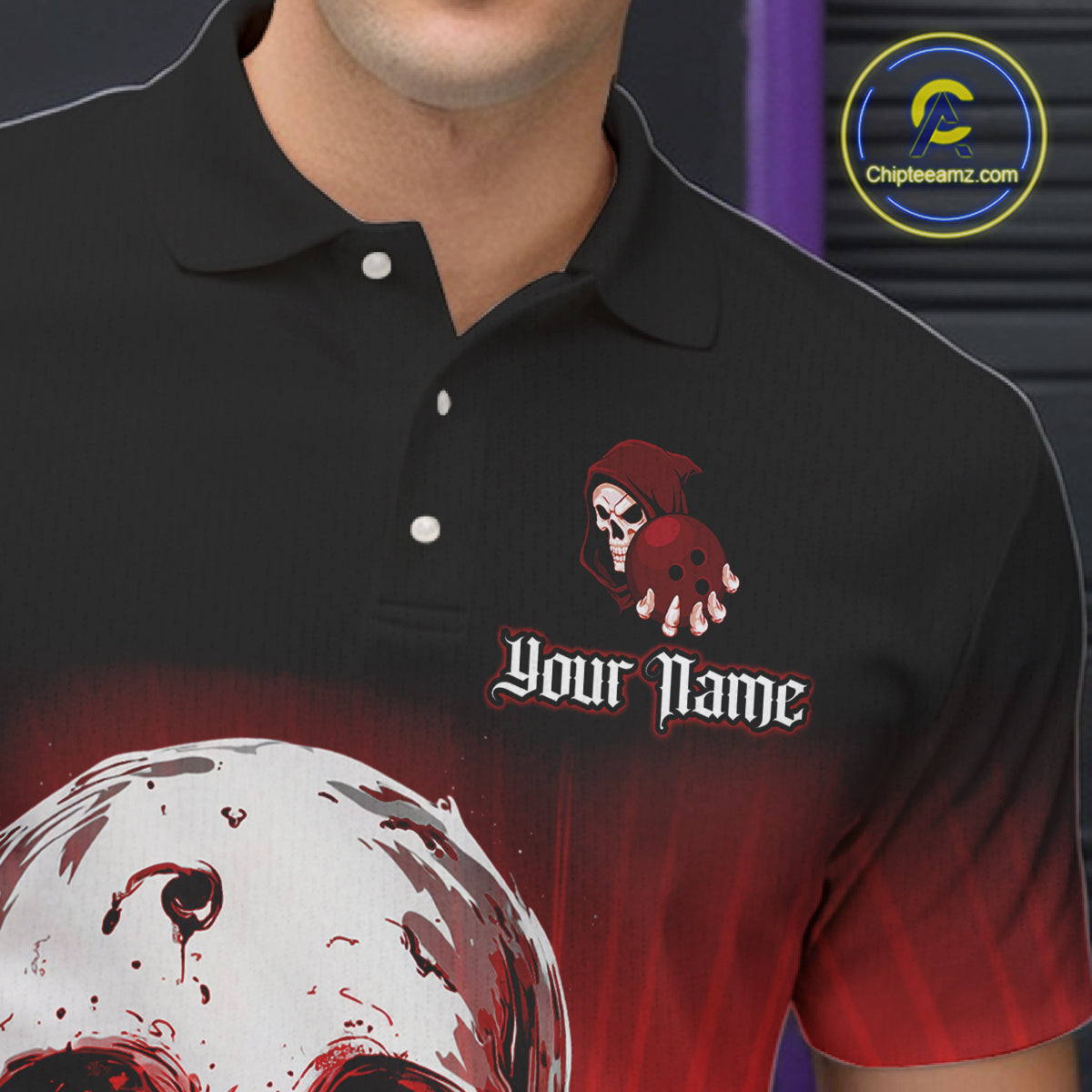 Black and Red Skull Bowling Polo, 1/4 zip shirts for Men Custom team bowling jerseys, Gift for bowler NQS11480