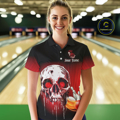 Black & Red Skull Bowling Polo, 1/4 zip shirts for Women Custom team bowling jerseys, Gift for bowler NQS11480