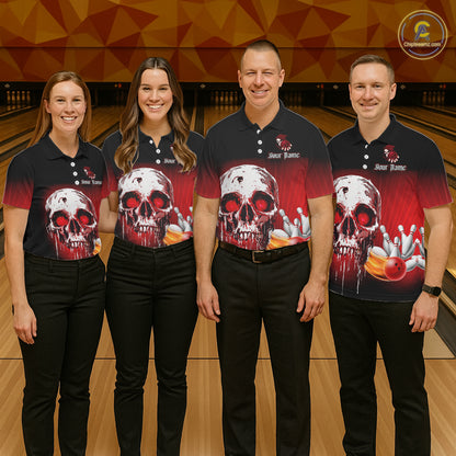 Black and Red Skull Bowling Polo, 1/4 zip shirts for Men Custom team bowling jerseys, Gift for bowler NQS11480