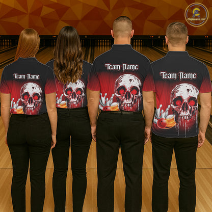 Black and Red Skull Bowling Polo, 1/4 zip shirts for Men Custom team bowling jerseys, Gift for bowler NQS11480