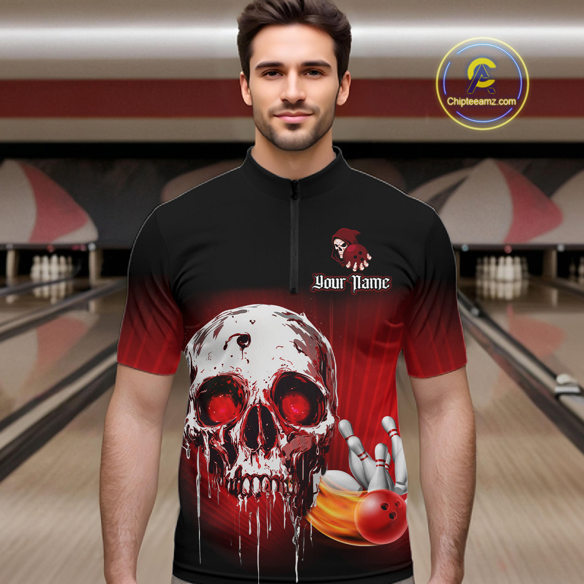 Black and Red Skull Bowling Polo, 1/4 zip shirts for Men Custom team bowling jerseys, Gift for bowler NQS11480