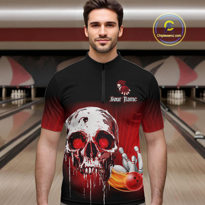Black and Red Skull Bowling Polo, 1/4 zip shirts for Men Custom team bowling jerseys, Gift for bowler NQS11480