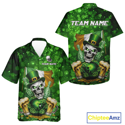 Custom Funny Skull Bowling and Beer Ireland Flag Green St Patrick Team Bowling Hawaiian shirts NQS11484