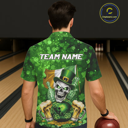 Custom Funny Skull Bowling and Beer Ireland Flag Green St Patrick Team Bowling Hawaiian shirts NQS11484