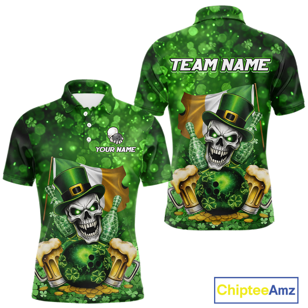 Custom Funny Skull Bowling and Beer Ireland Flag Green St Patrick Team Bowling Jerseys For Men NQS11484