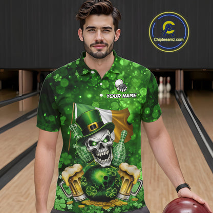 Custom Funny Skull Bowling and Beer Ireland Flag Green St Patrick Team Bowling Jerseys For Men NQS11484